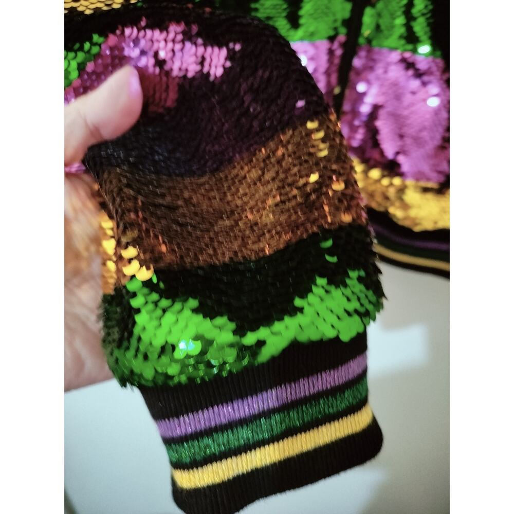 5728)Nola Mardi Grass Small Stripe Purple Gold Green Sequin Zip Bomber Jacket - Picture 5 of 10